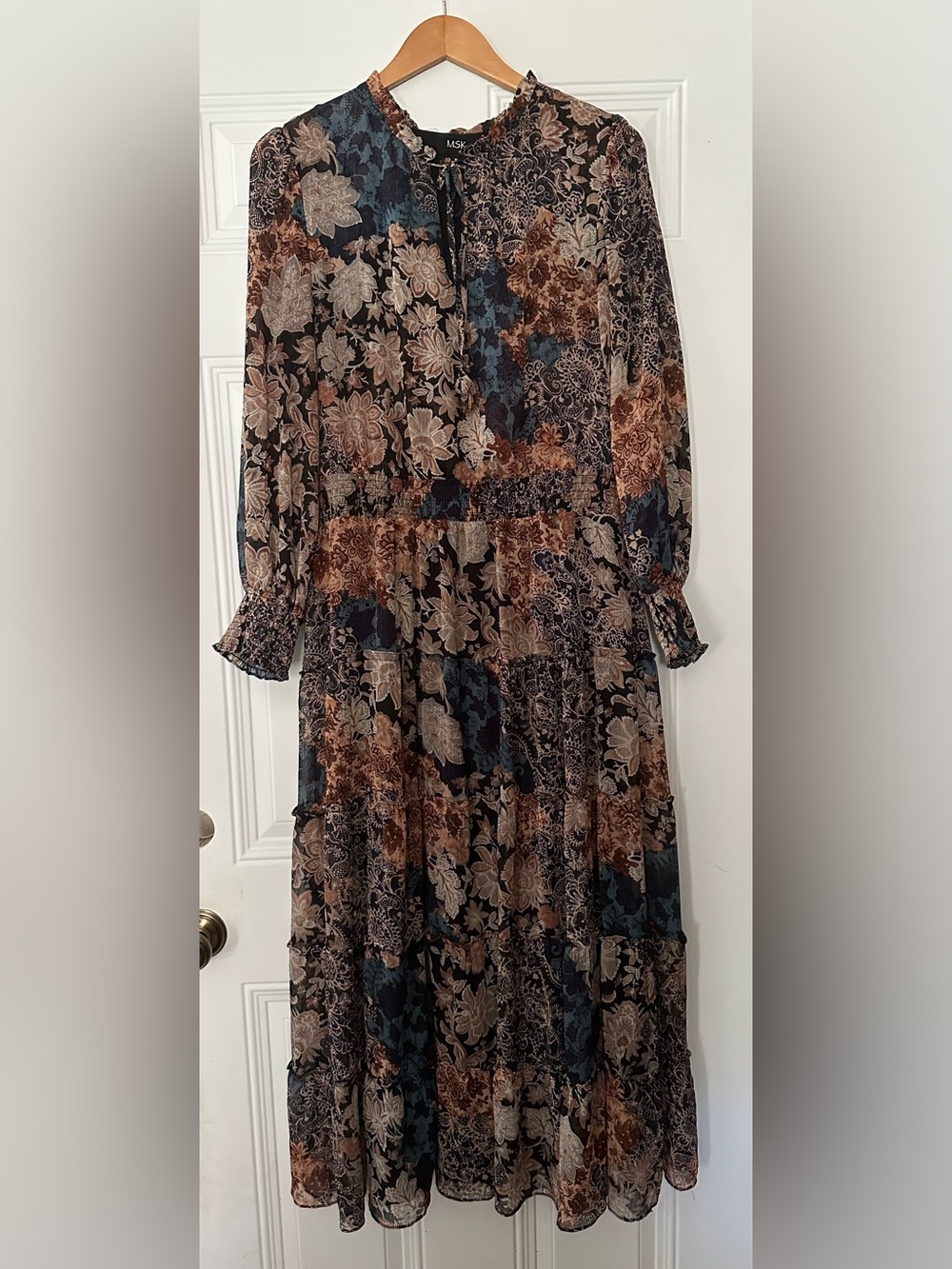 MSK Navy Blue & Brown Floral Tiered Maxi Dress